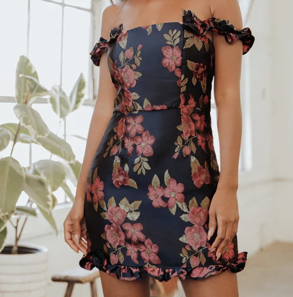 Lulus Pop the Bottle navy blue floral jacquard ruffled mini dress
